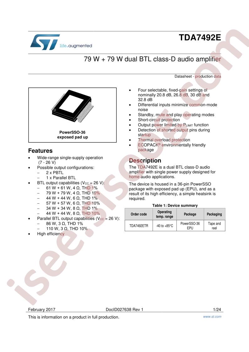 TDA7492E Datasheet
