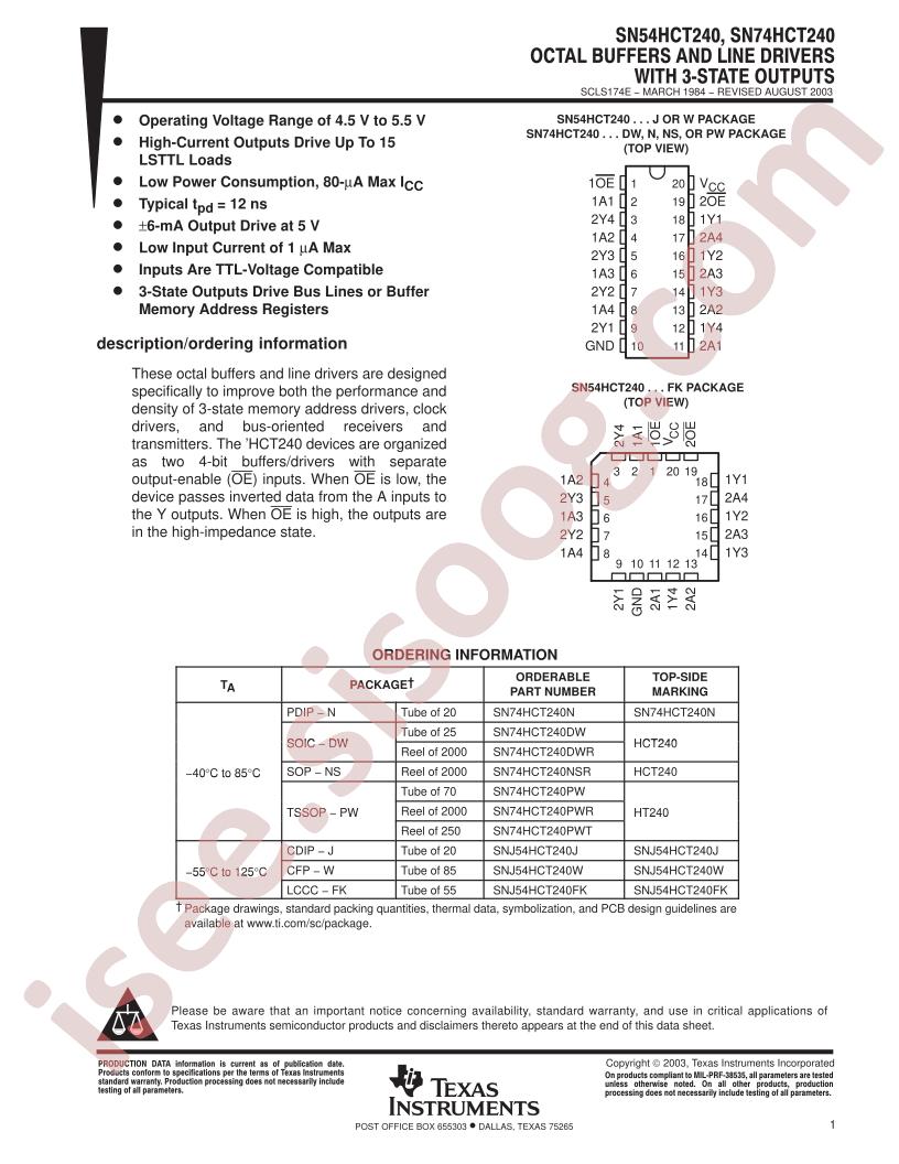 SN54HCT240, SN74HCT240