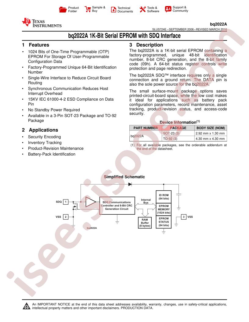 BQ2022A Datasheet