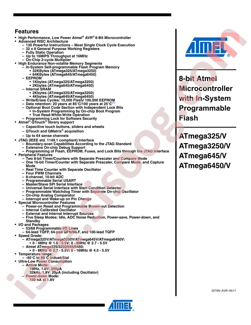 ATMEGA325, 645, 3250, 6450(V) Datasheet