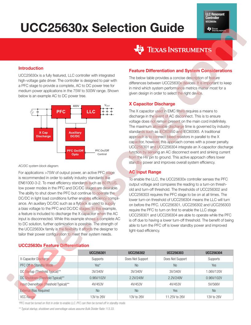 UCC25630x Selection Guide
