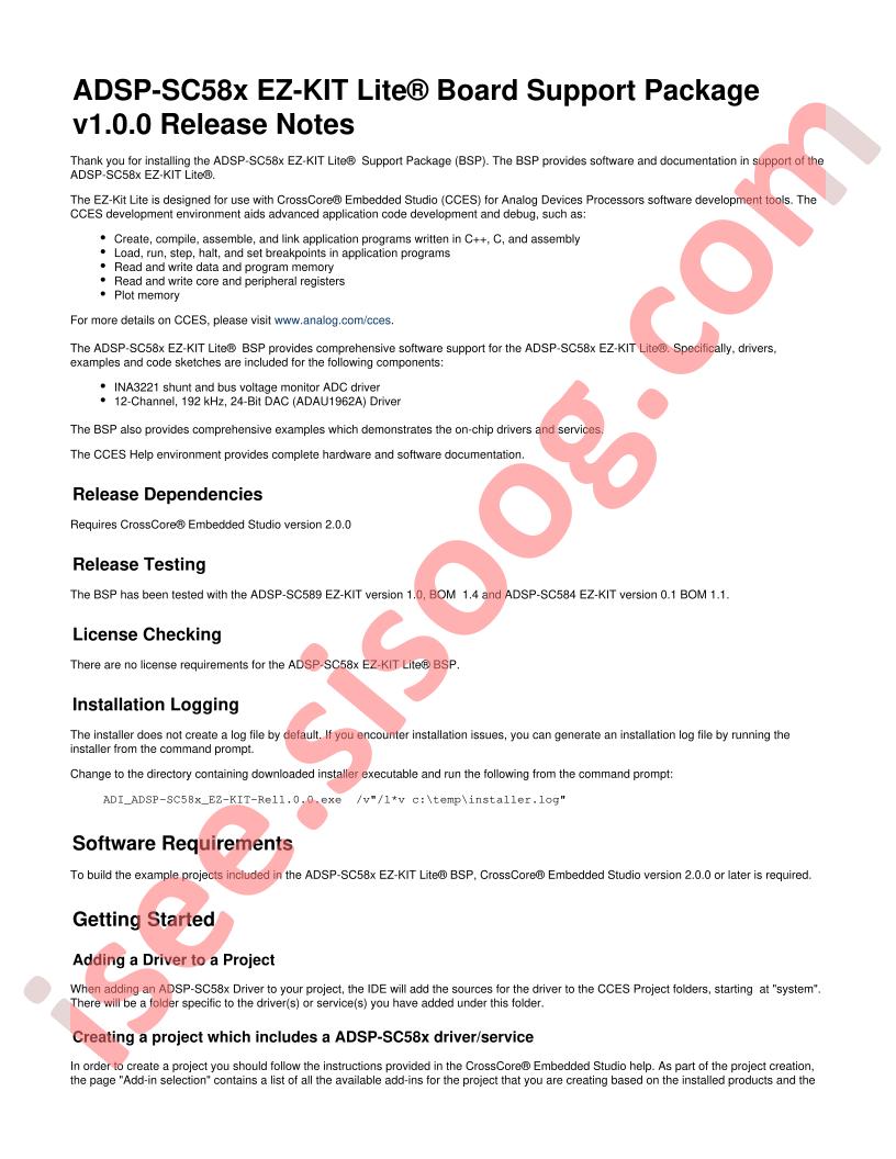ADSP-SC58x EZ-KIT Lite® Release Notes