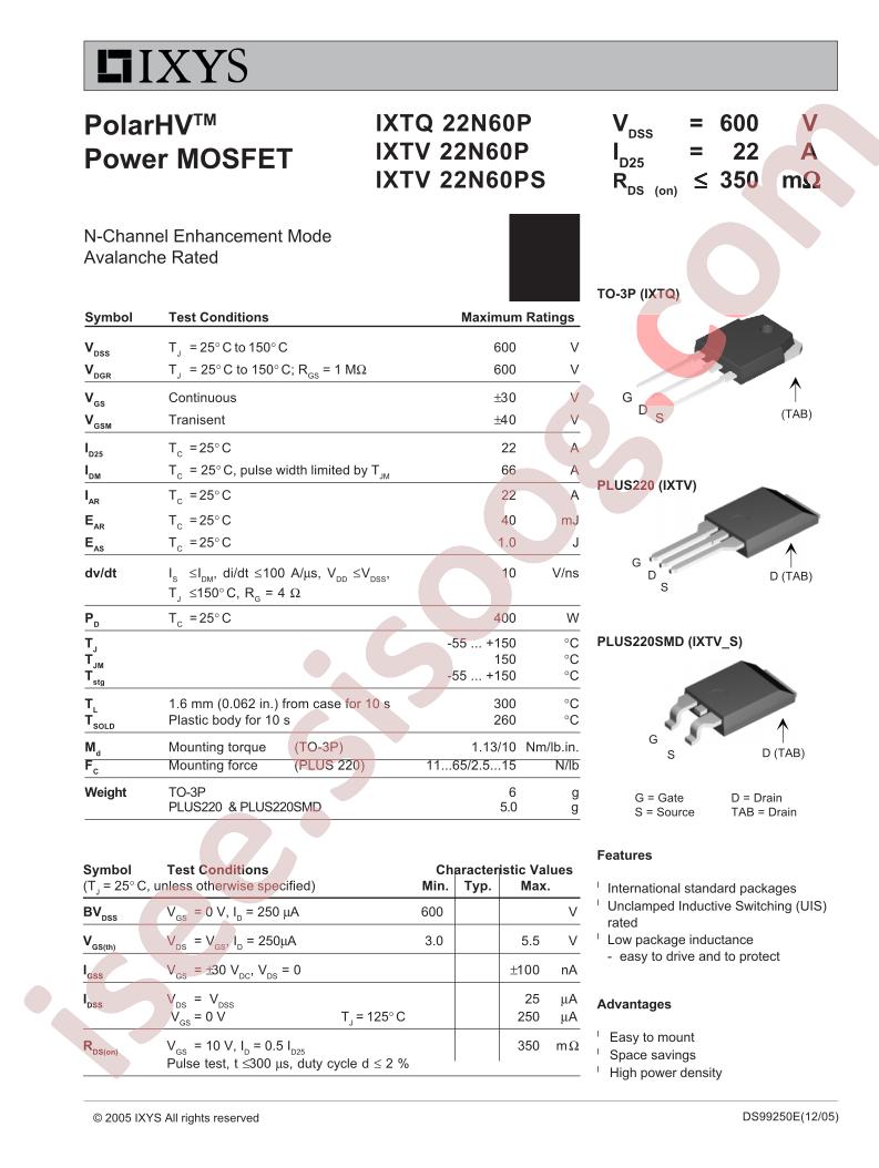 IXTQ22N60P, IXTV22N60P/PS
