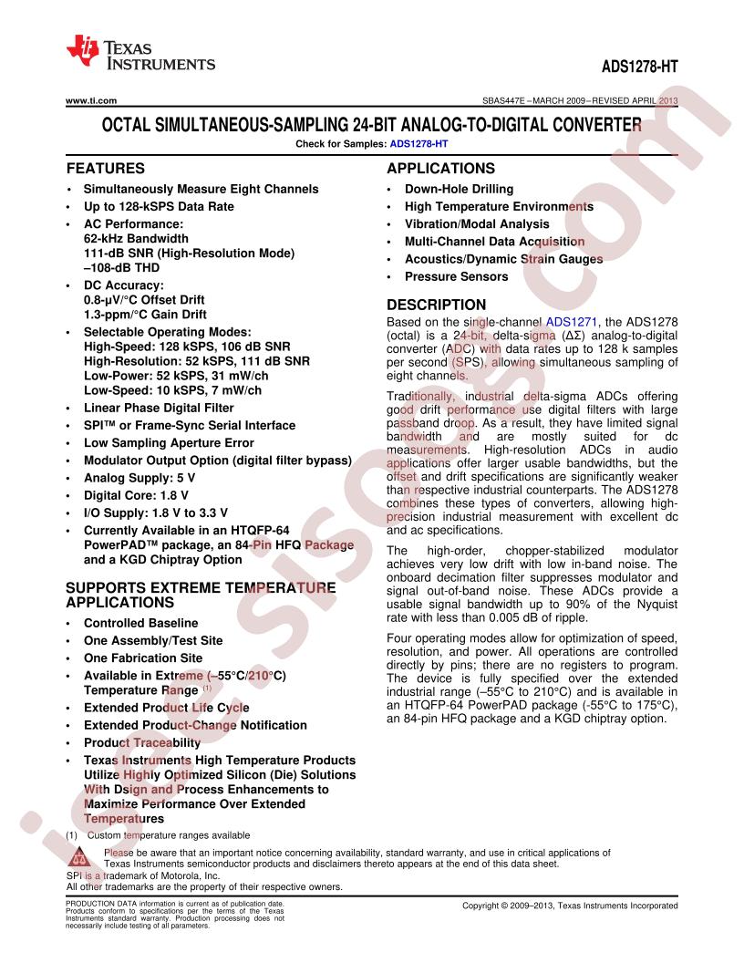 ADS1278-HT Datasheet