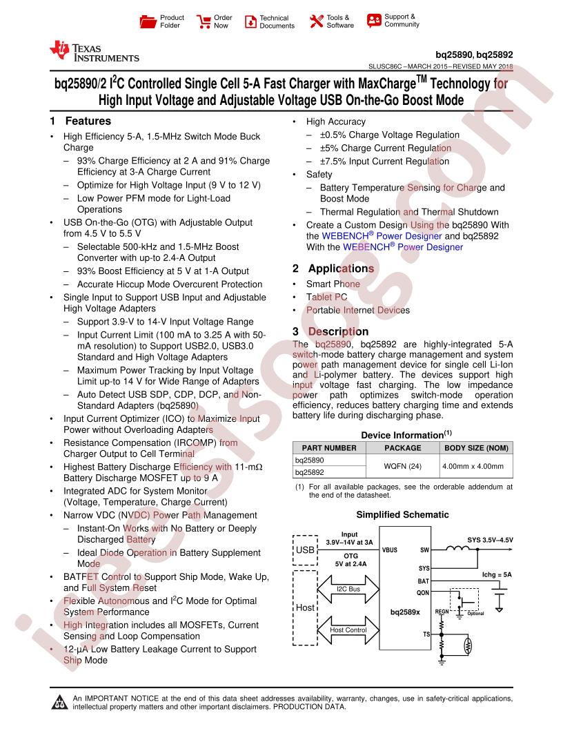 BQ25890, BQ25892 Datasheet