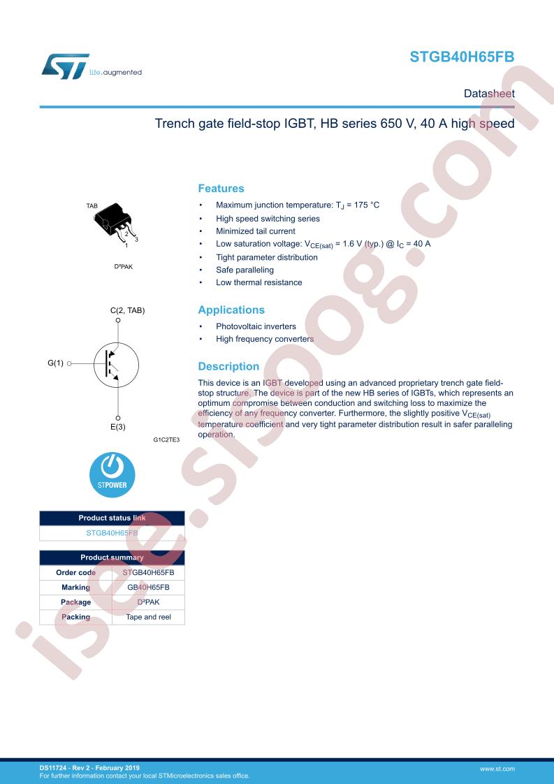 STGB40H65FB Datasheet