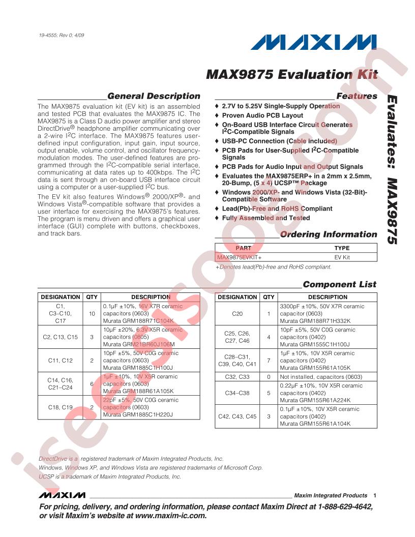 MAX9875 Evaluation Kit