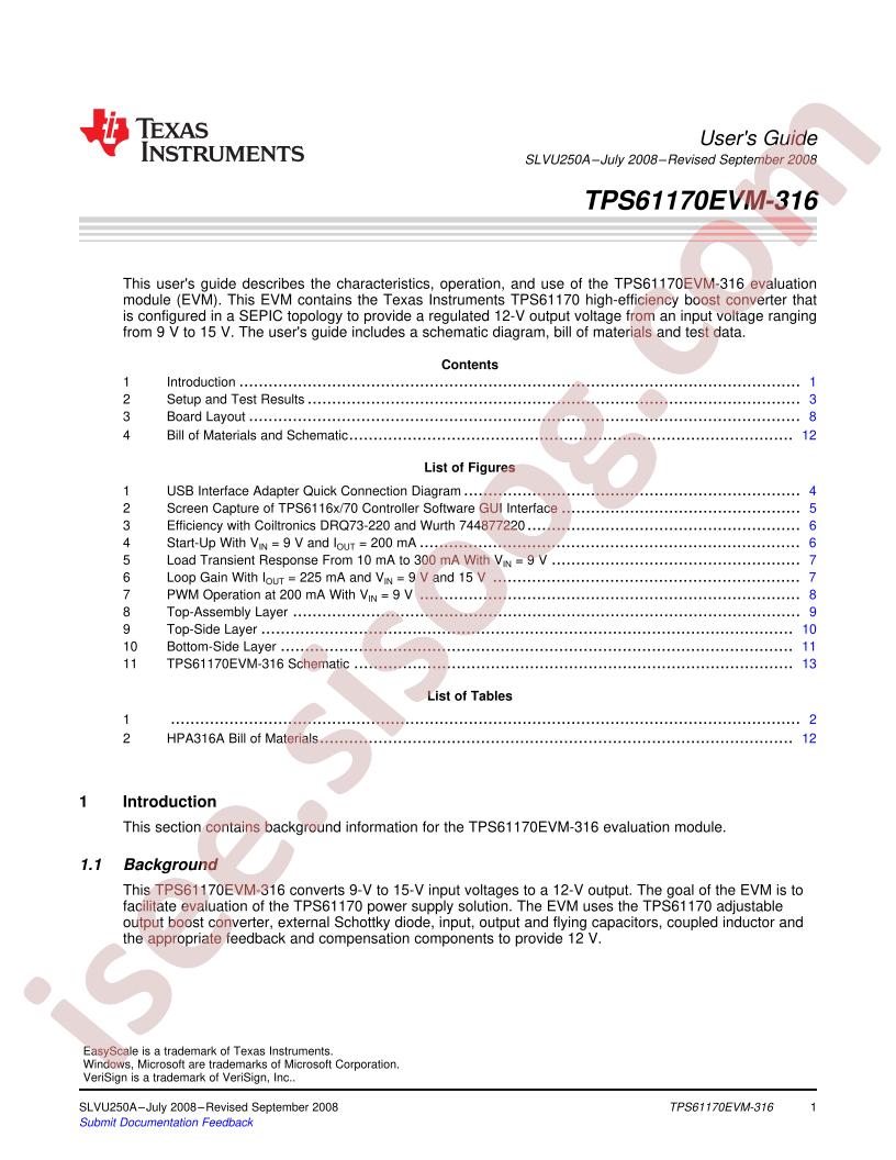 TPS61170EVM-316 User Guide