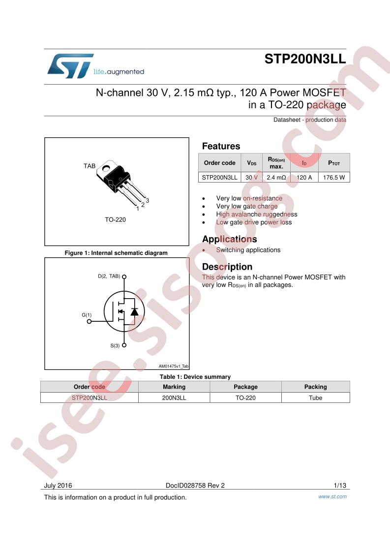 STP200N3LL Datasheet