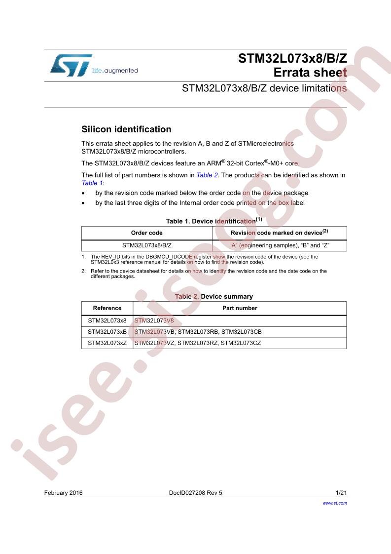 STM32L073x(8,B,Z) Errata