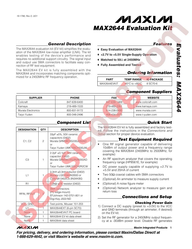 MAX2644 Eval Kit