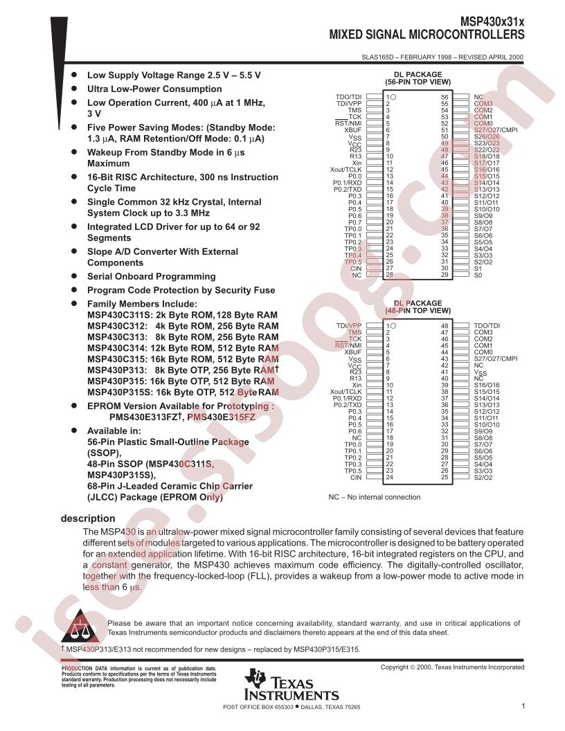 MSP430x31x Datasheet