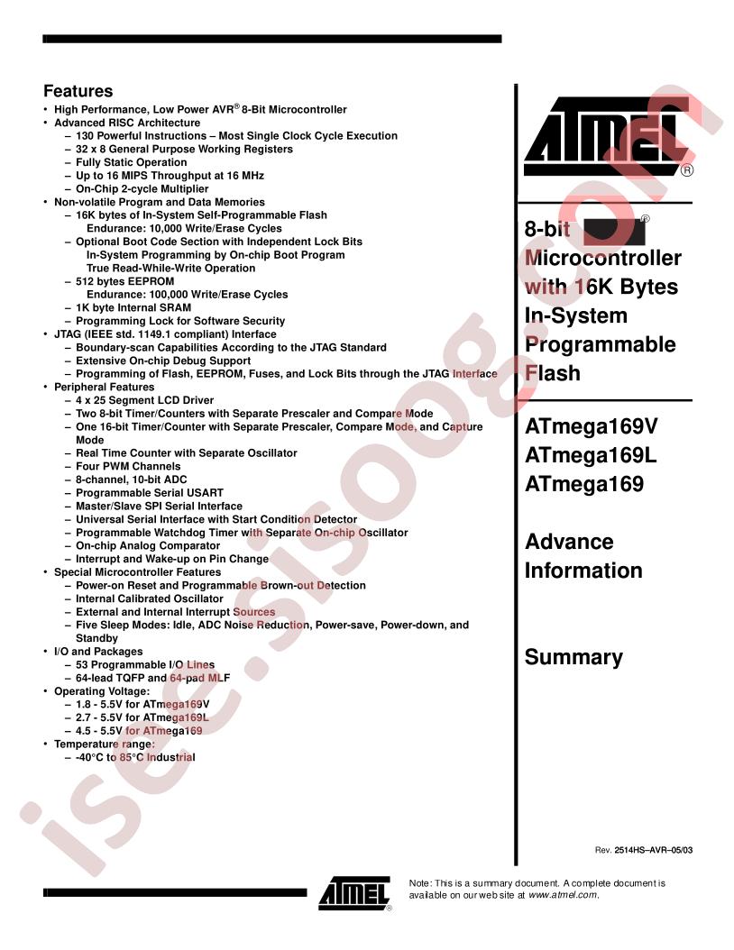 ATMEGA169(L,V) Summary