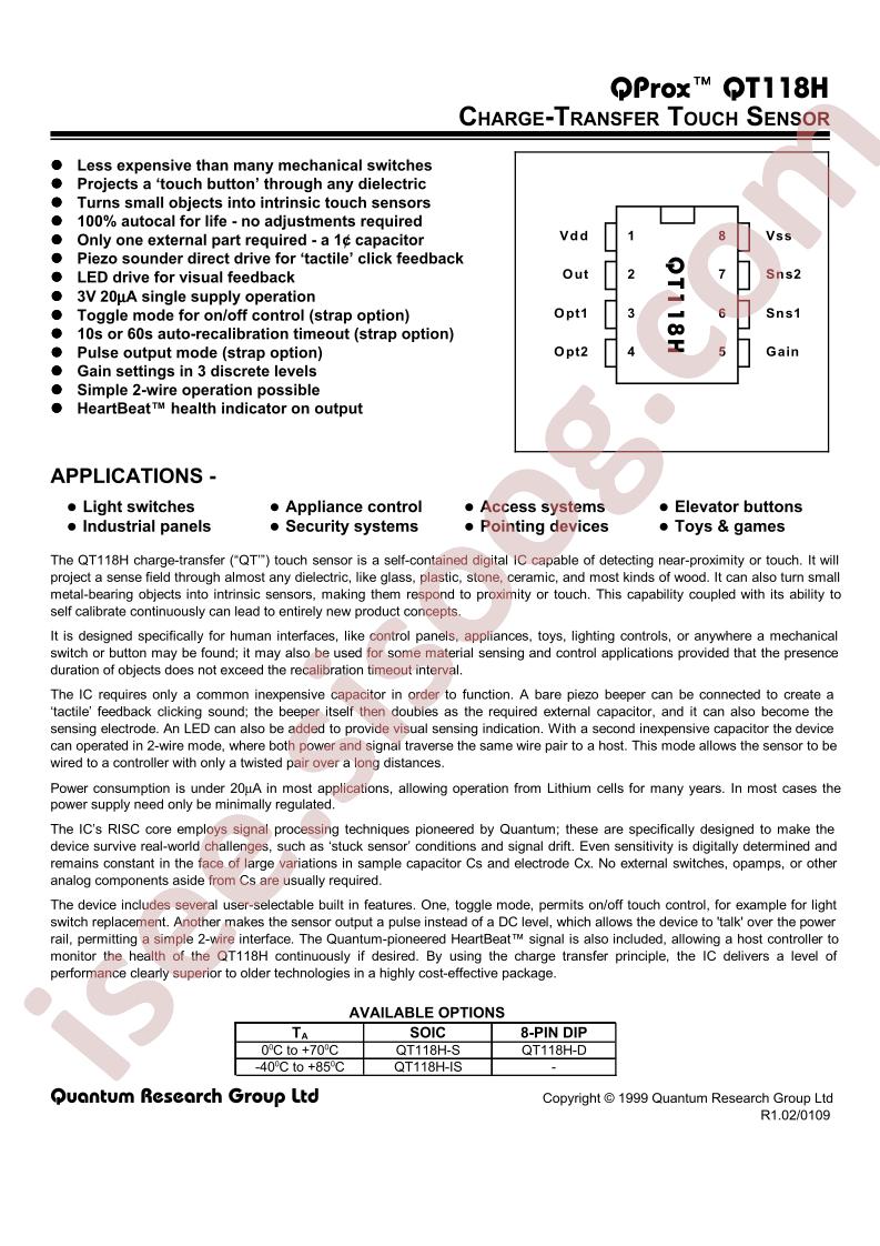 QT118H Charge-Transfer Touch Sensor
