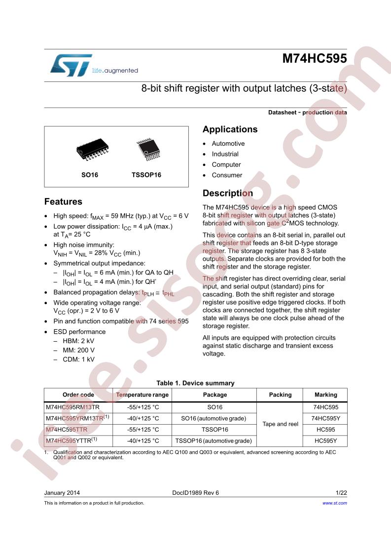 M74HC595 Datasheet