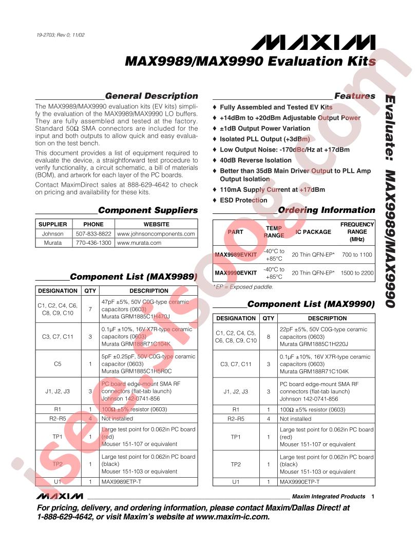 MAX9989,90 Eval Kit
