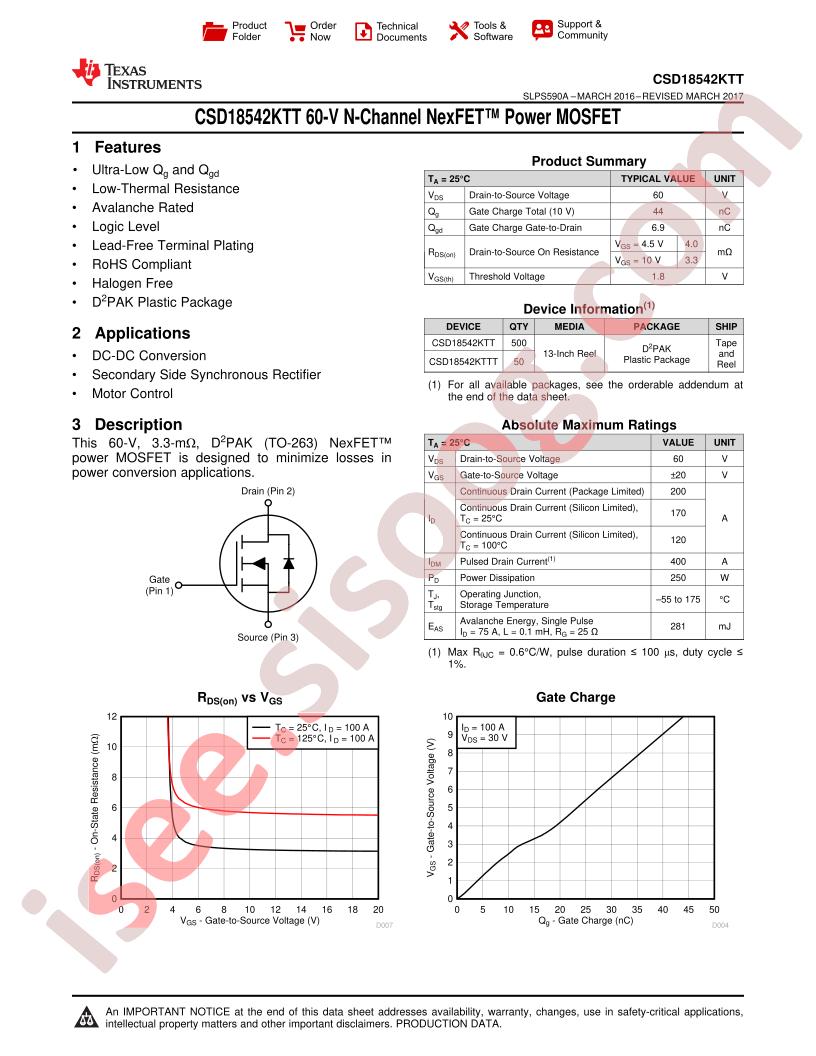 CSD18542KTT Datasheet