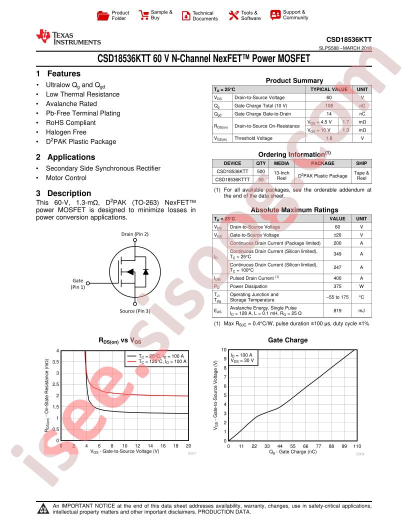 CSD18536KTT Datasheet