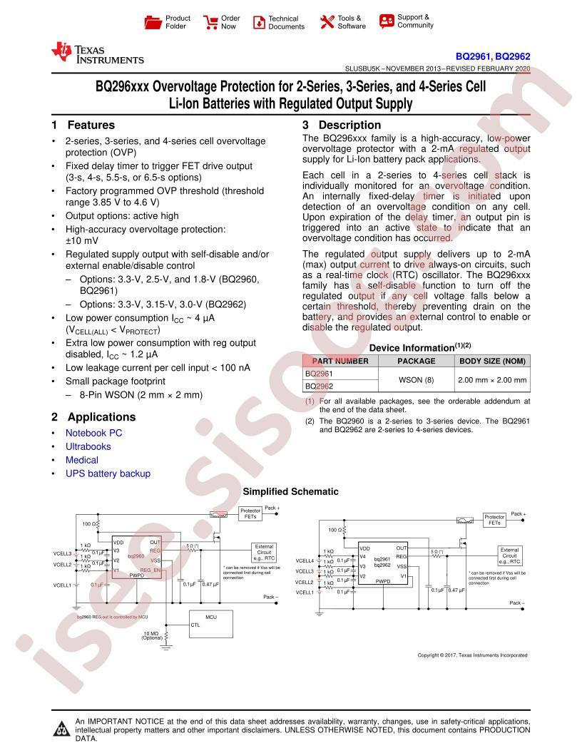 BQ2961, BQ2962 Datasheet