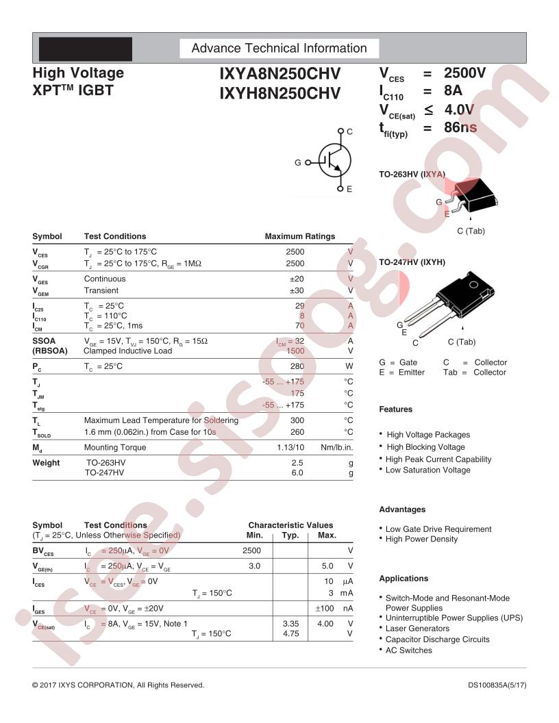 IXYA8N250CHV, IXYH8N250CHV