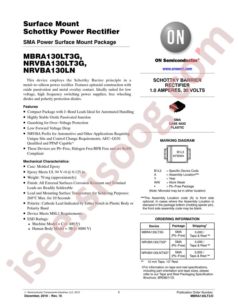 MBRA130LT3G, NRVBA130LT3G