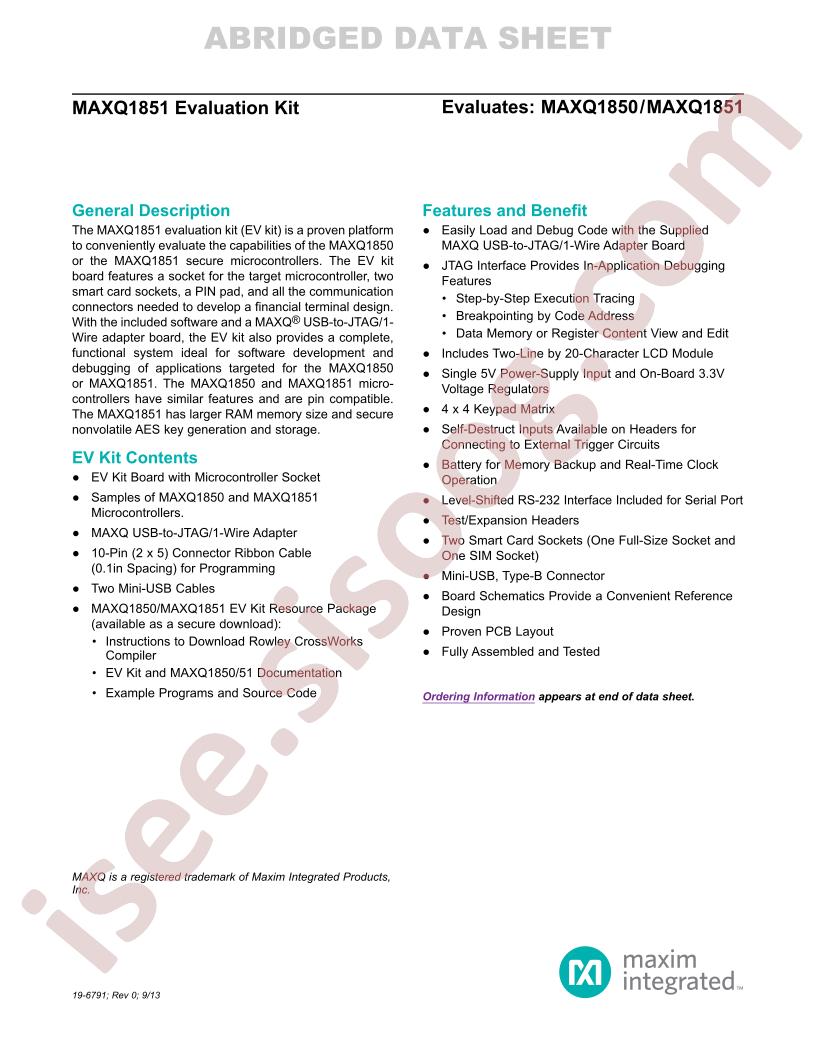 MAXQ1851 EVK Abridged Datasheet