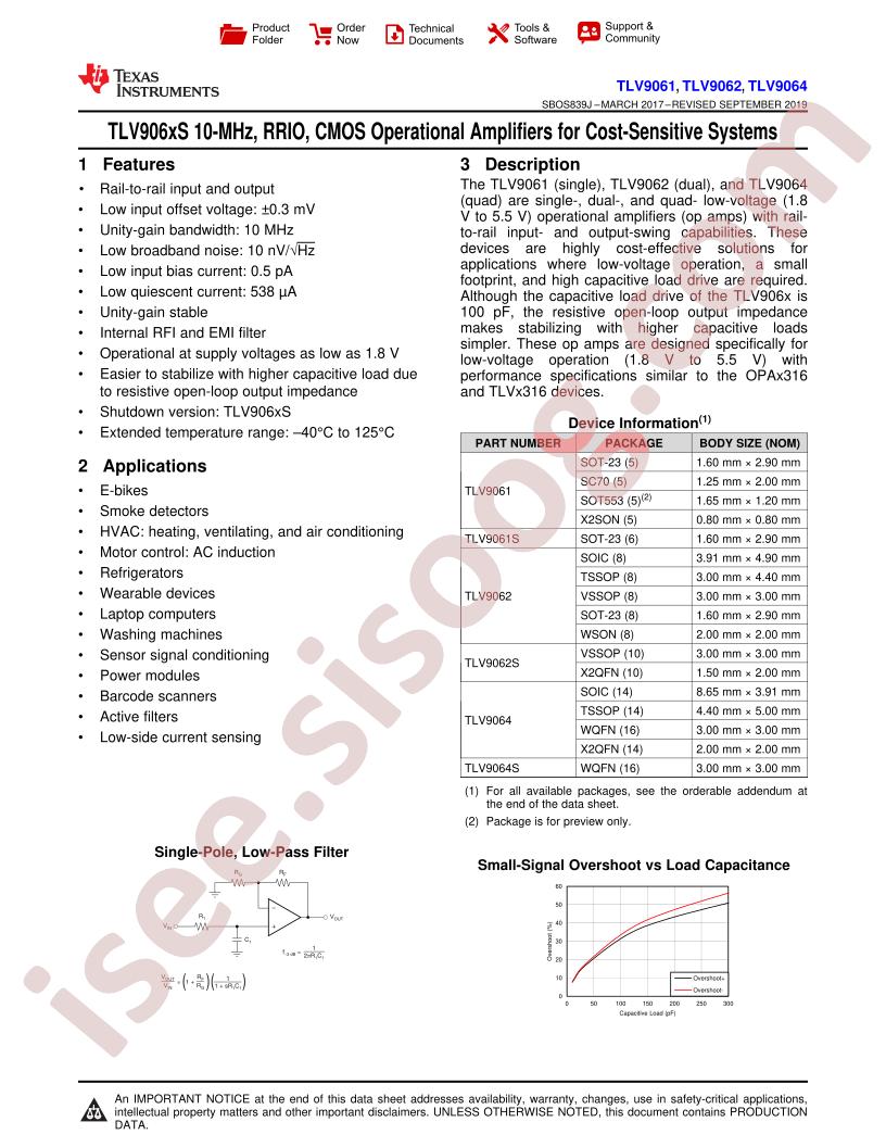 TLV9061, 9062, 9064 Datasheet