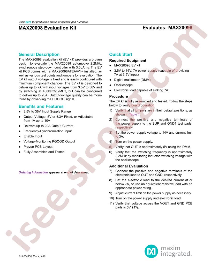 MAX20098 Evaluation Kit Abridged Datasheet