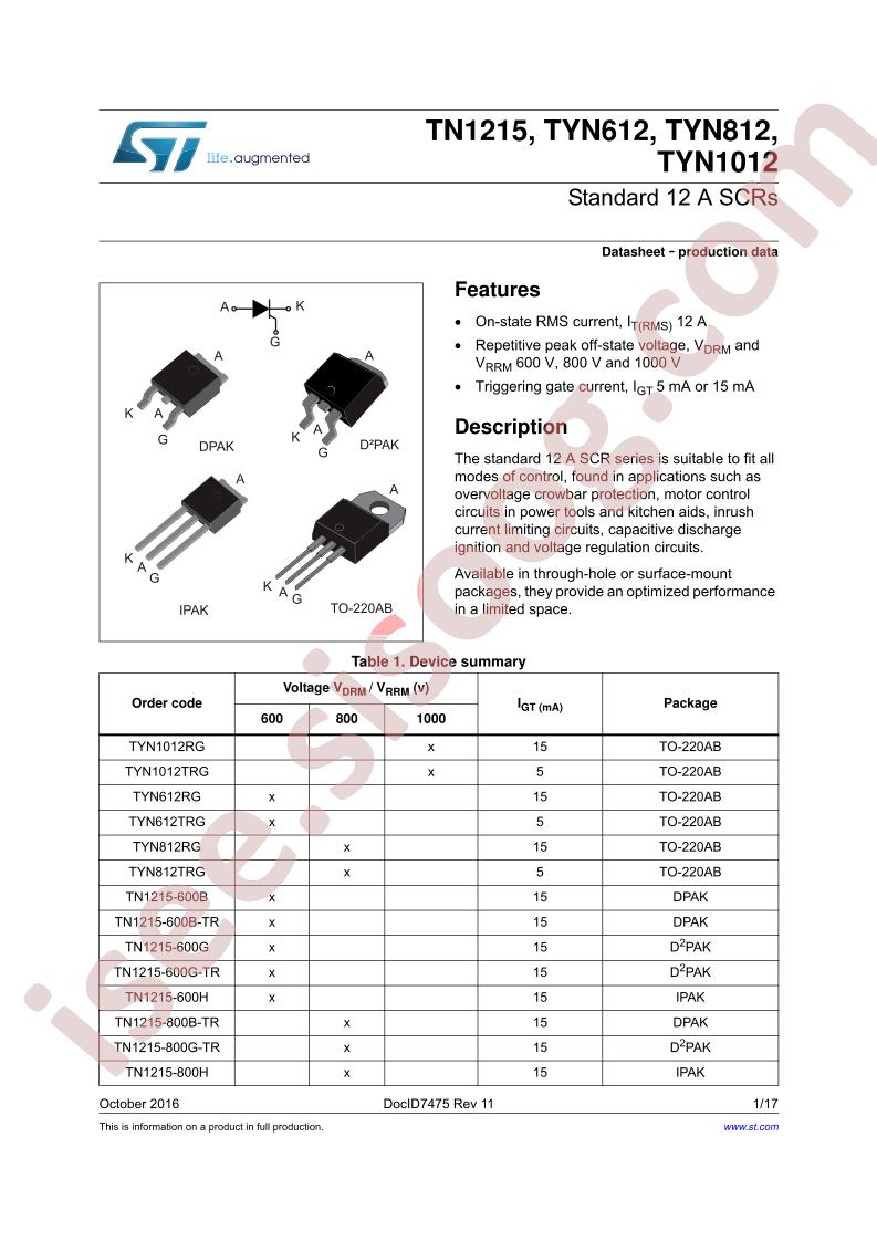 TN1215, TYNx12 Datasheet