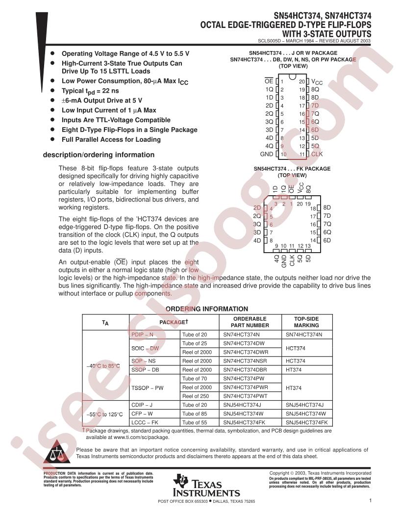 SN54HCT374, SN74HCT374