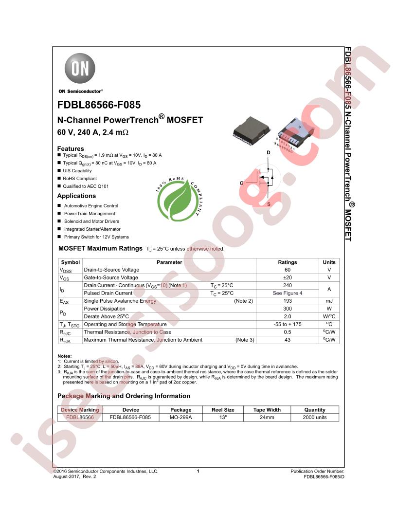 FDBL86566-F085 Datasheet