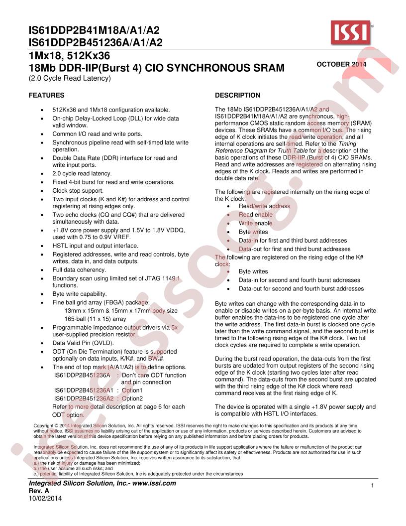 IS61DDP2B41M18A/A1/A2, IS61DDP2B451236A/A1/A2
