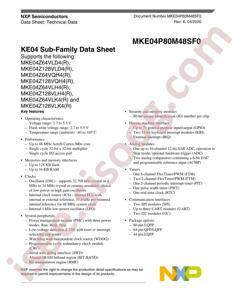 MKE04P80M48SF0, KE04 Sub-Family