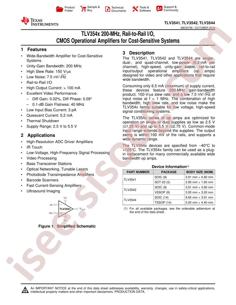 TLV3541, 3542, 3544 Datasheet