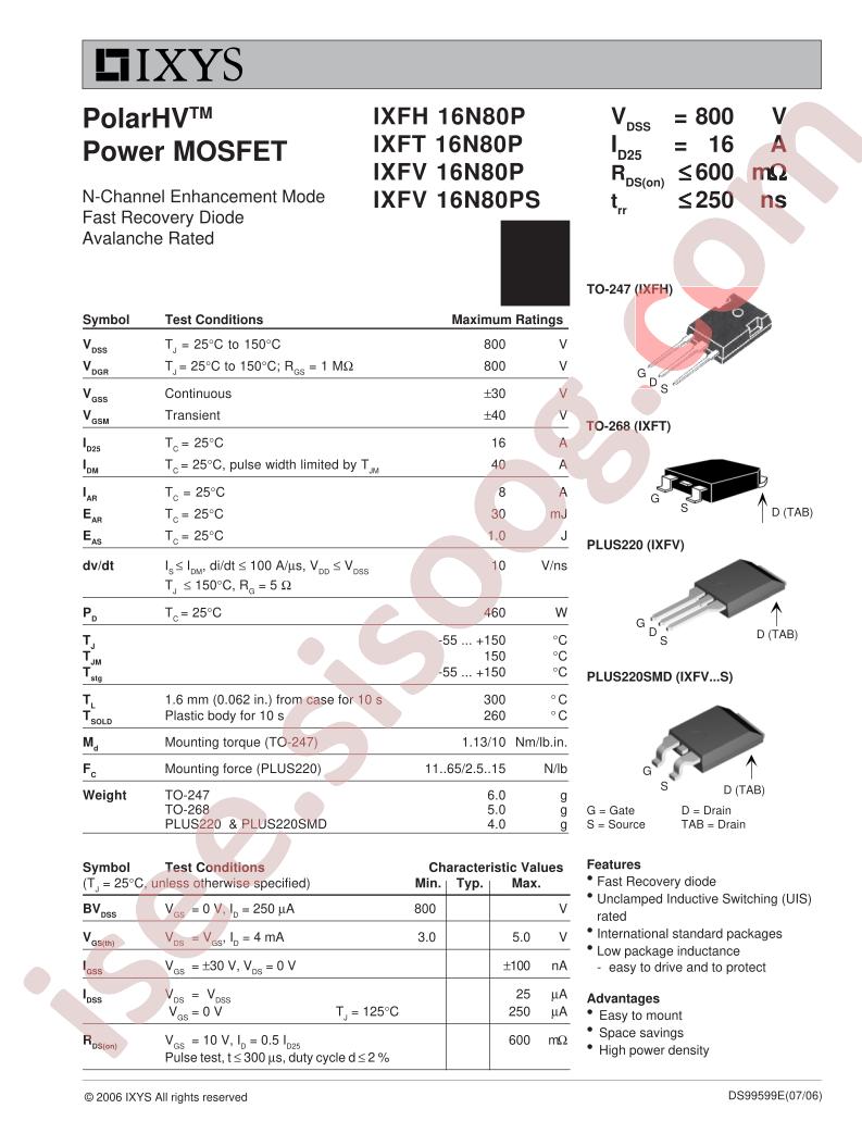 IXF(H,T)16N80P, IXFV16N80P/PS