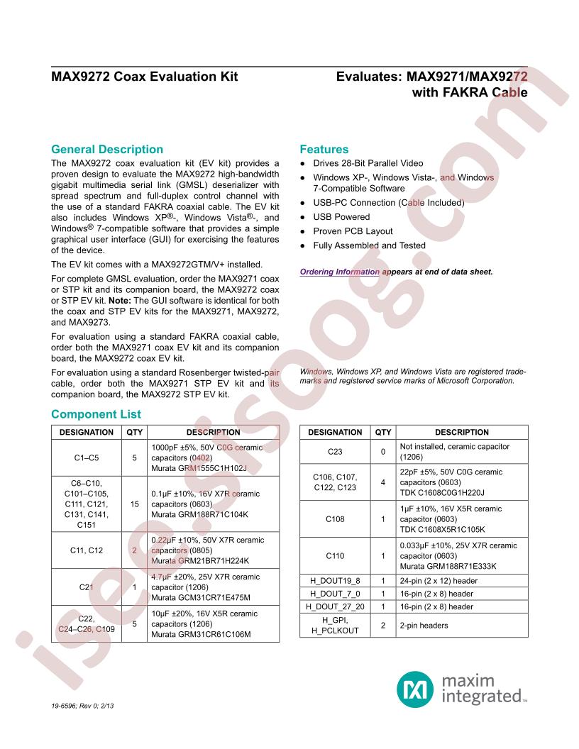 MAX9272 Coax Eval Kit