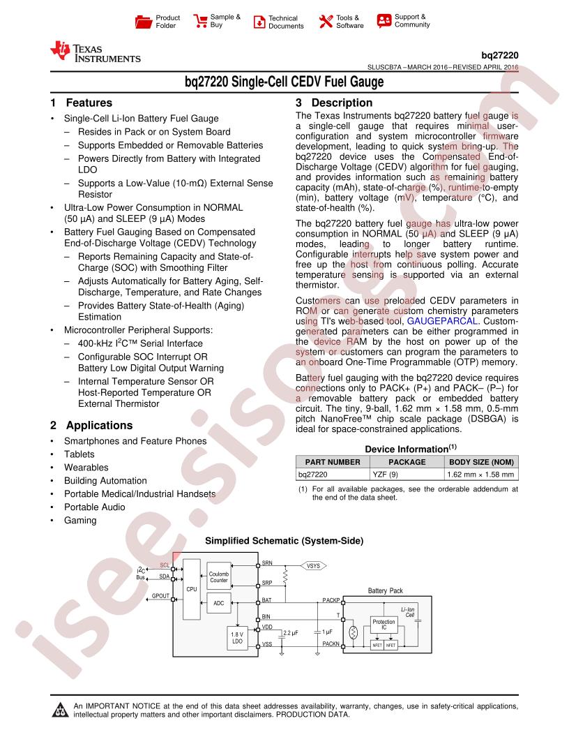 BQ27220 Datasheet
