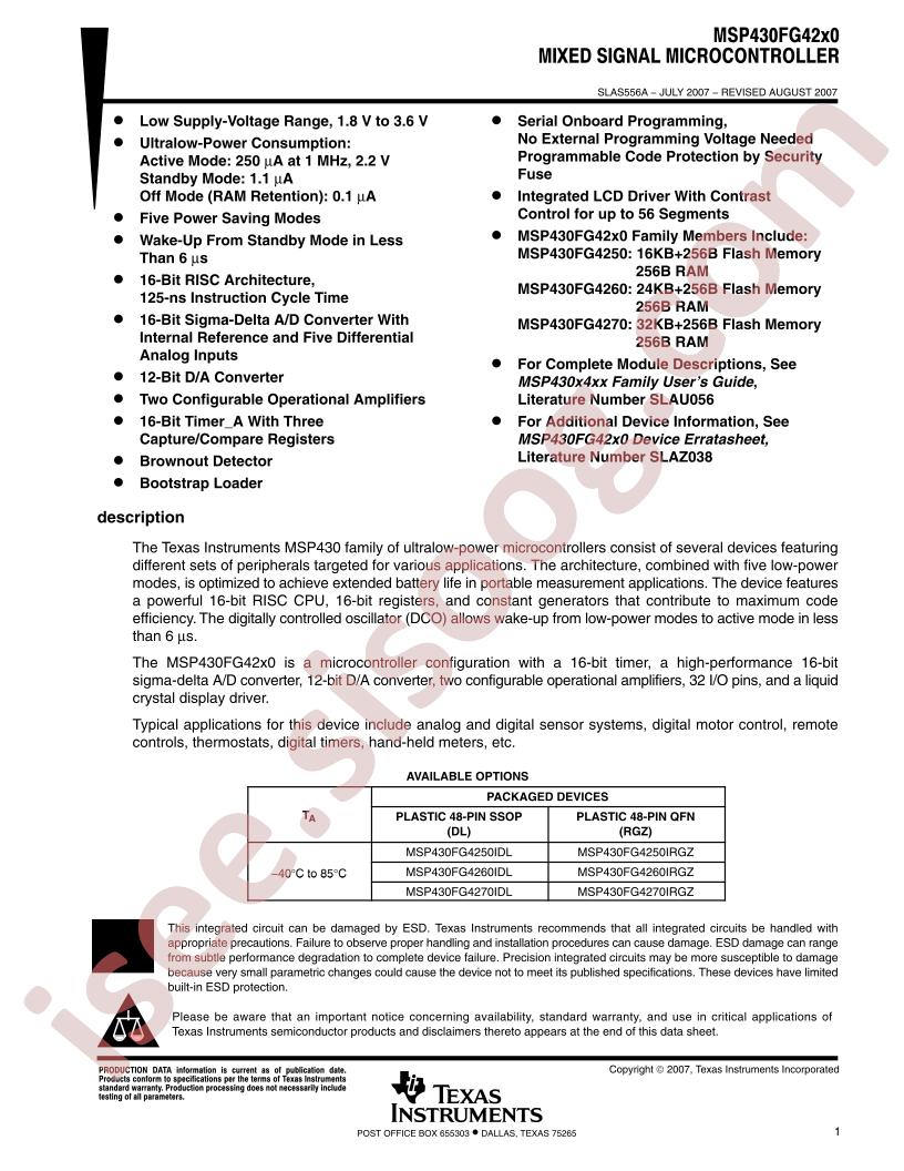 MSP430FG42x0 Datasheet