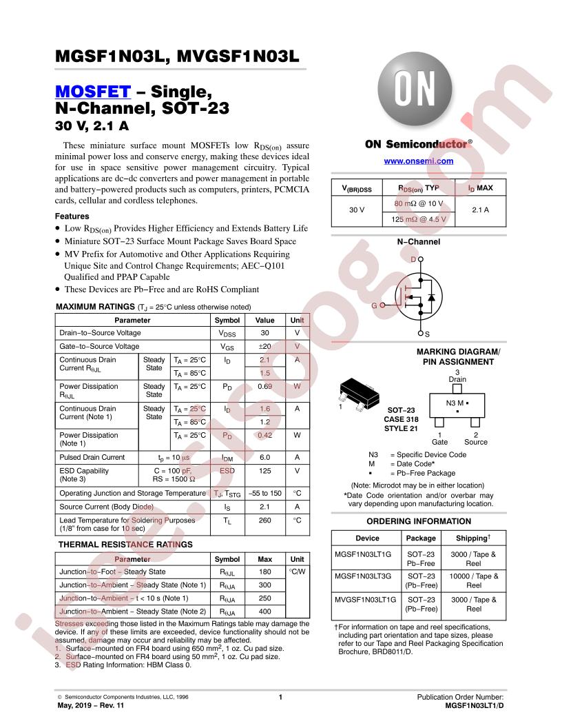 MGSF1N03L, MVGSF1N03L
