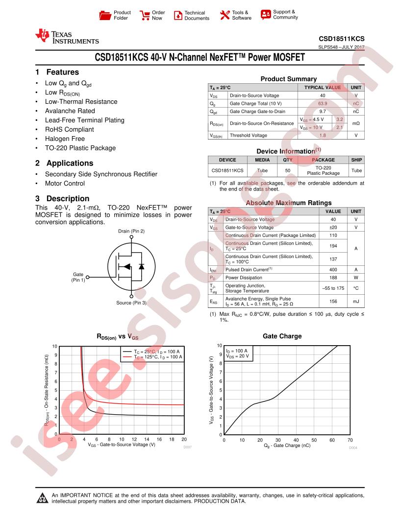 CSD18511KCS Datasheet