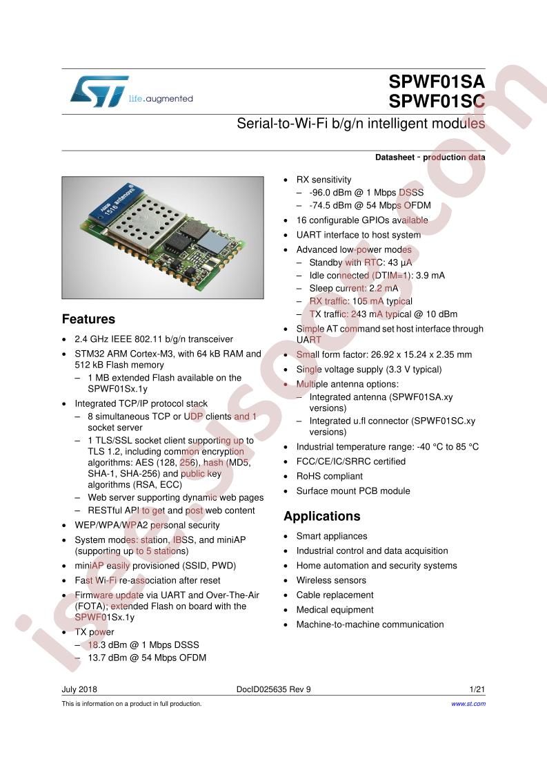 SPWF01SA/SC Datasheet