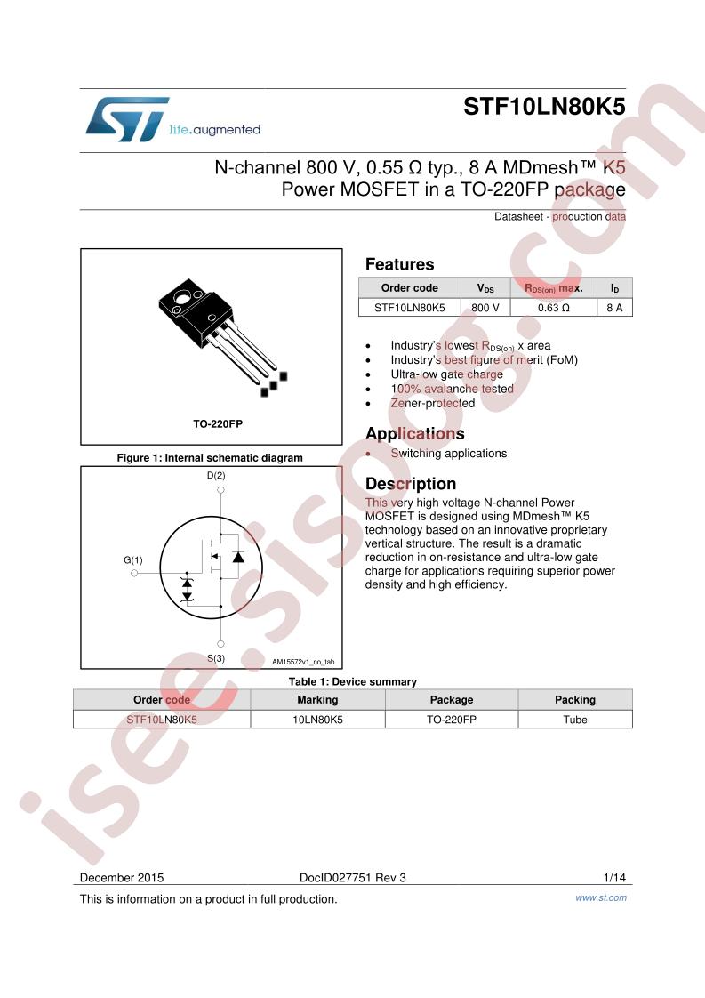 STF10LN80K5 Datasheet
