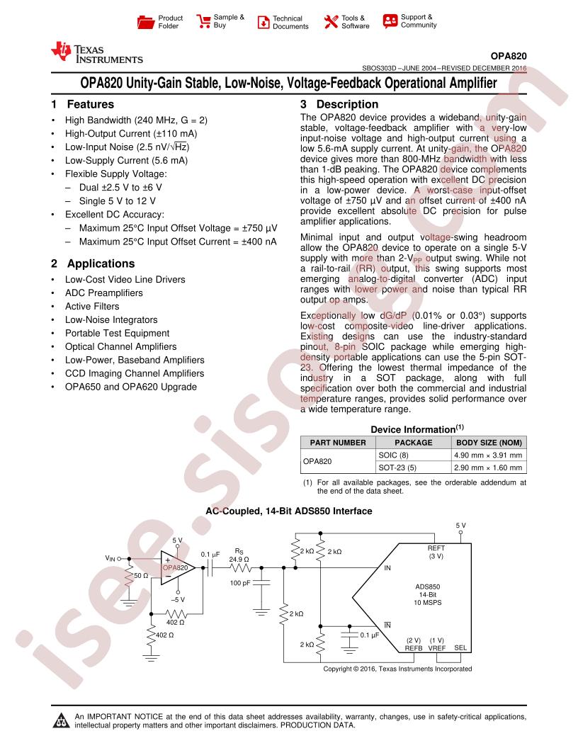 OPA820 Datasheet