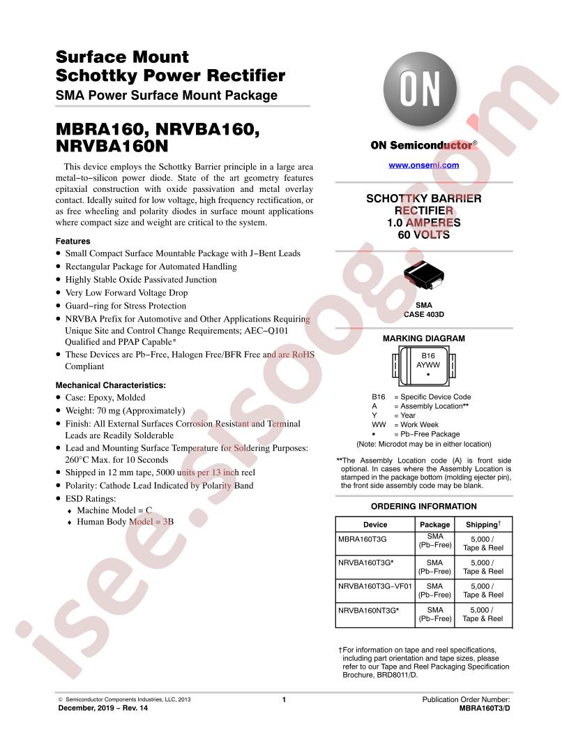 MBRA160T3G, NRVBA160T3G