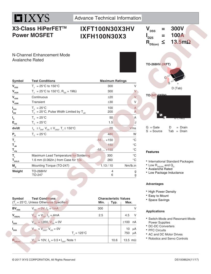 IXFH100N30X3, IXFT100N30X3HV