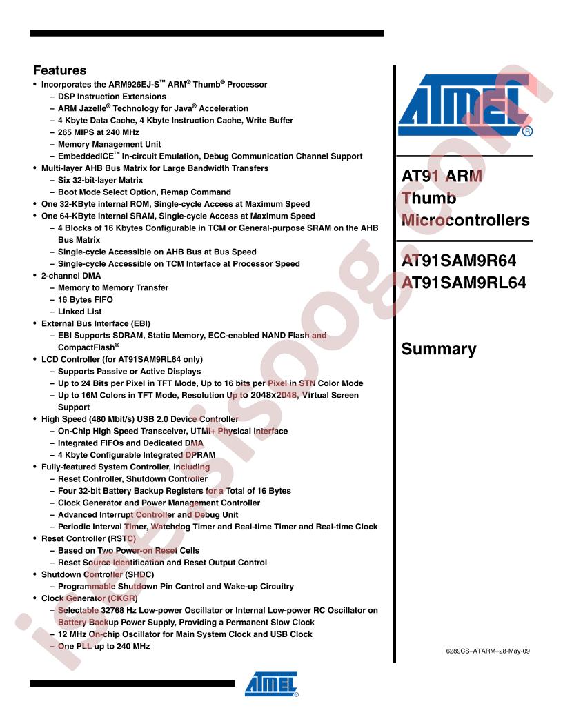 AT91SAM9R64/RL64 Summary