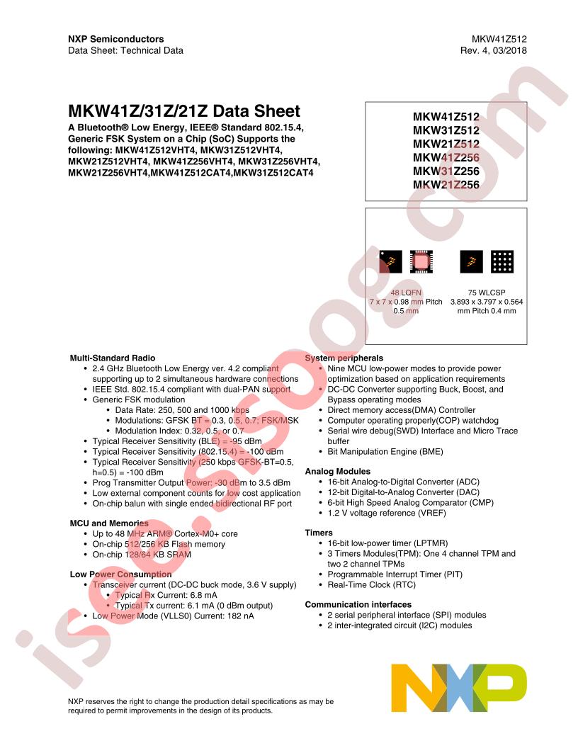 MKWx1Z512, MKWx1Z256 Datasheet