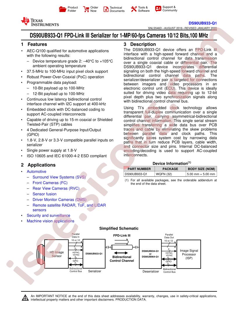 DS90UB933-Q1 Datasheet