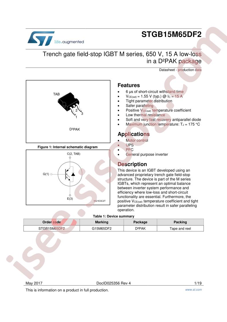 STGB15M65DF2 Datasheet