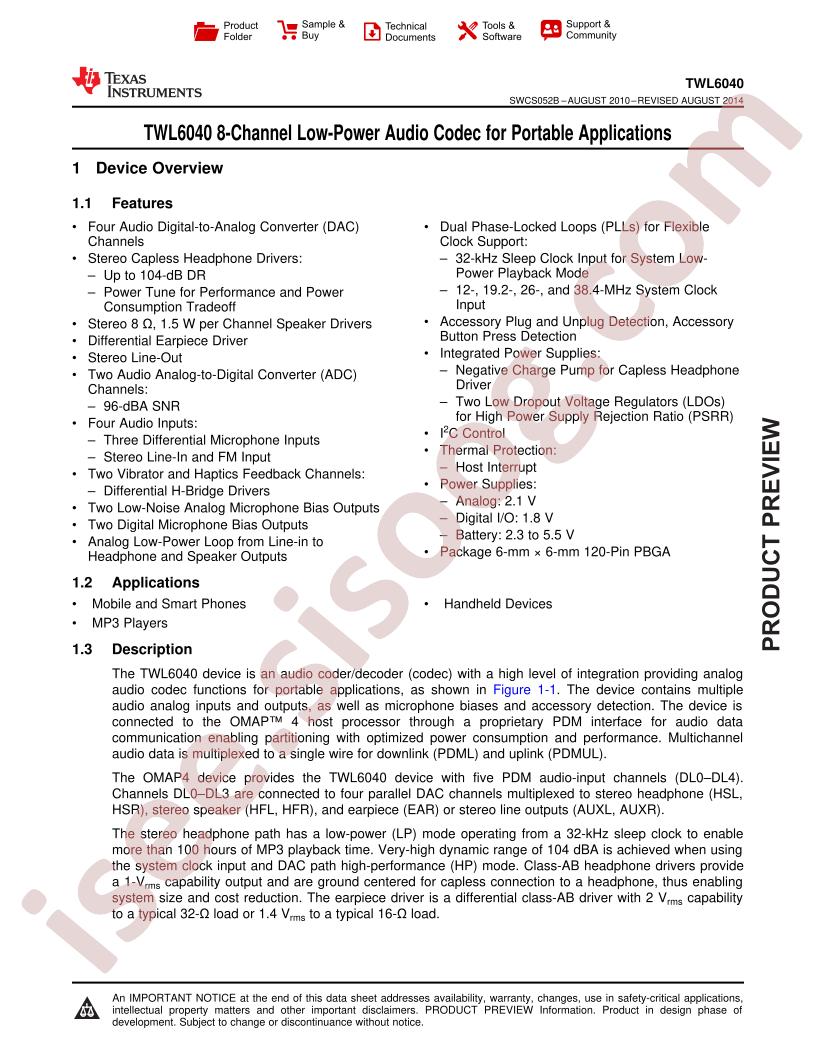 TWL6040 Datasheet